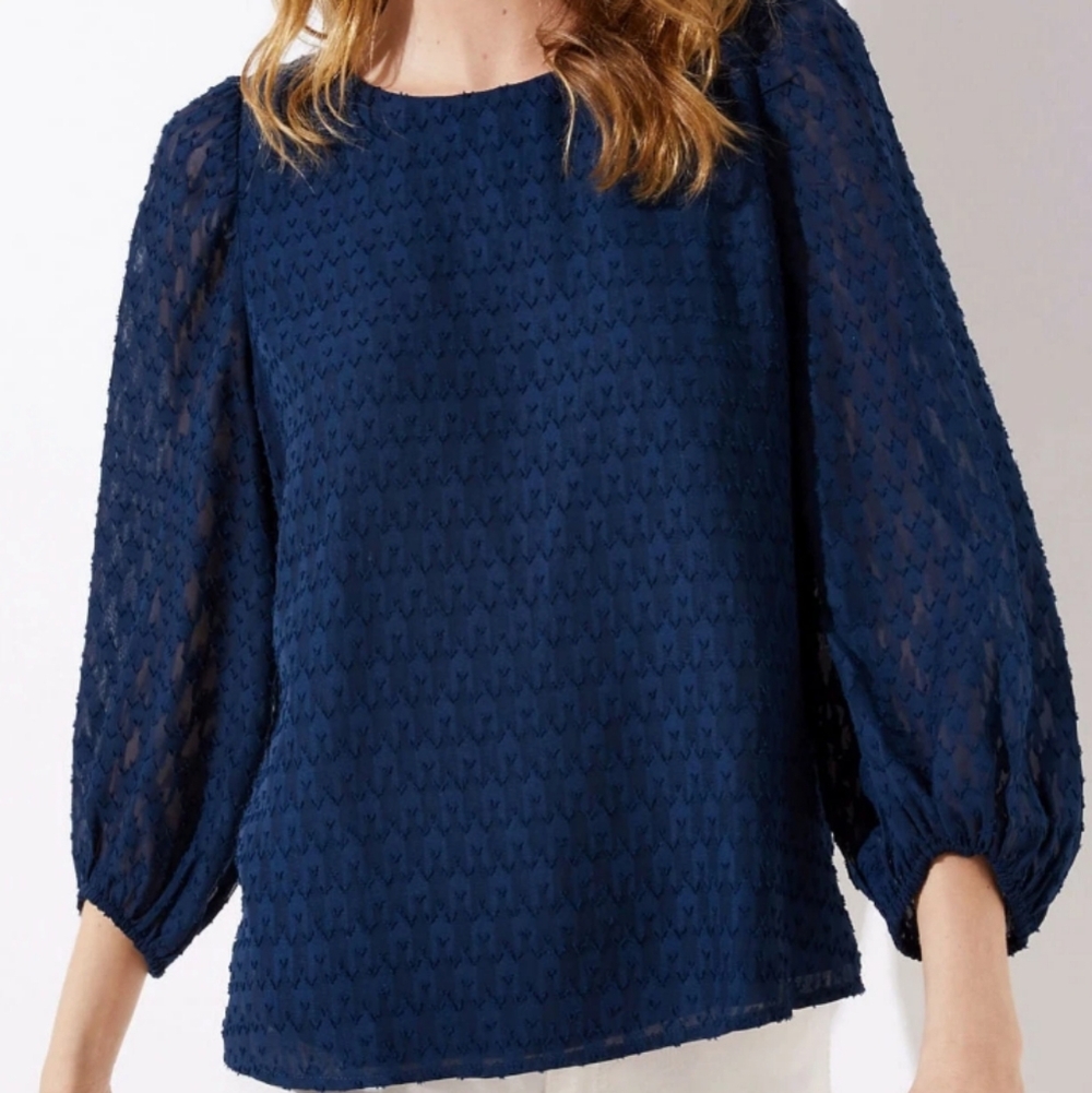 Ann Taylor LOFT Textured Womens Blouse Sz Small  Midnight Blue  3/4 Sheer Sleeve